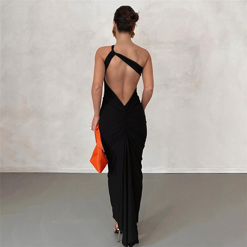 Women\'s Fashion Sexy Oblique Shoulder Backless Slim-fit Bag Buttock Dress