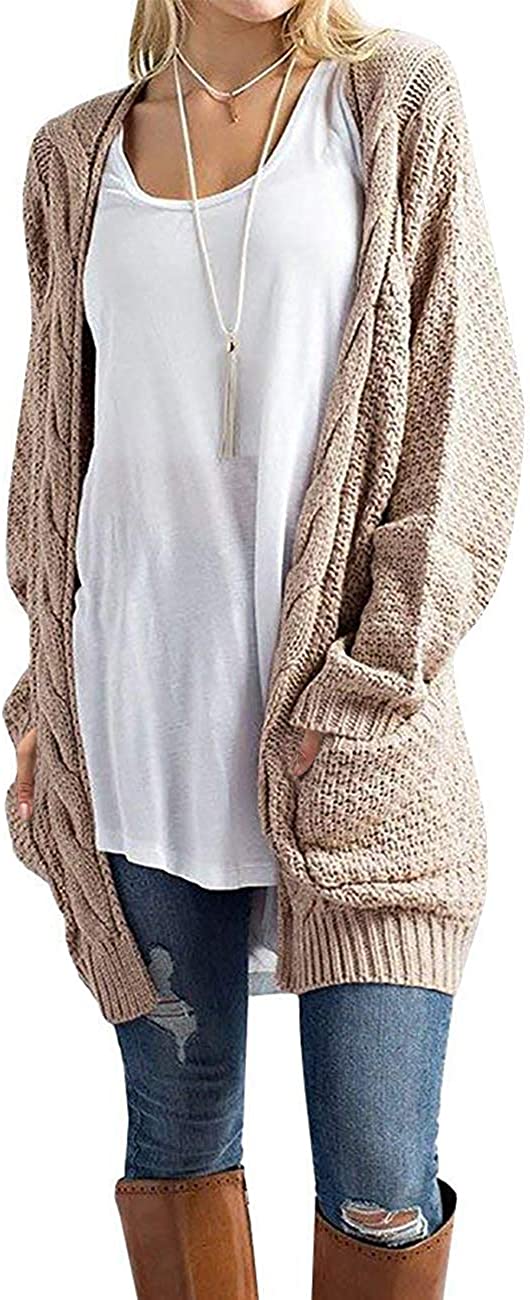 Women's Loose Open Front Long Sleeve Chunky Knit Cable Cardigans Sweater with Pockets