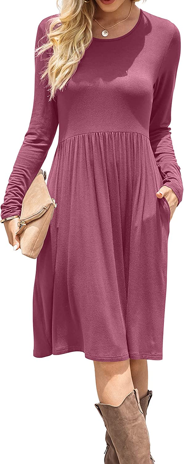 Women Casual Long Sleeve Dresses Empire Waist Loose Dress with Pockets