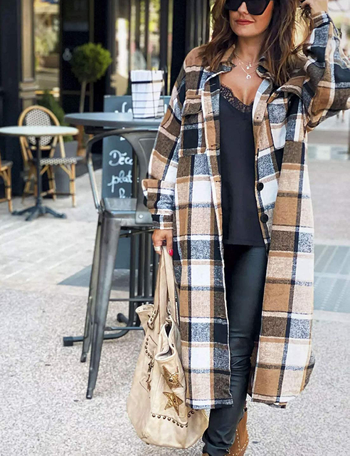 Women's Lapel Button Up Long Sleeve Plaid Long Shirt Shacket Jacket 