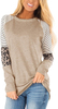 Women's Leopard Print Color Block Tunic Round Neck Long Sleeve Shirts Striped Causal Blouses Tops