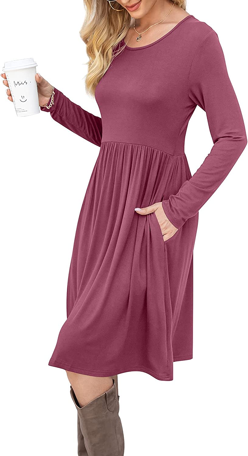 Women Casual Long Sleeve Dresses Empire Waist Loose Dress with Pockets