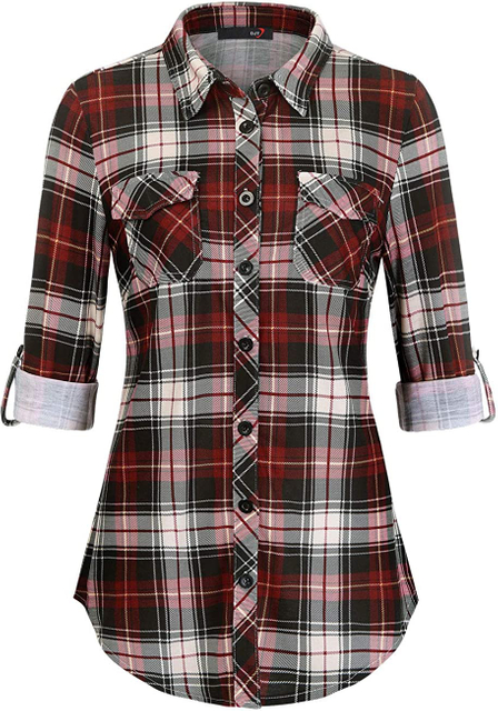 Women's Roll Up Long Sleeve Collared Button Down Plaid Shirt