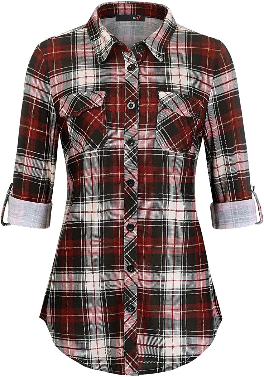 Women\'s Roll Up Long Sleeve Collared Button Down Plaid Shirt