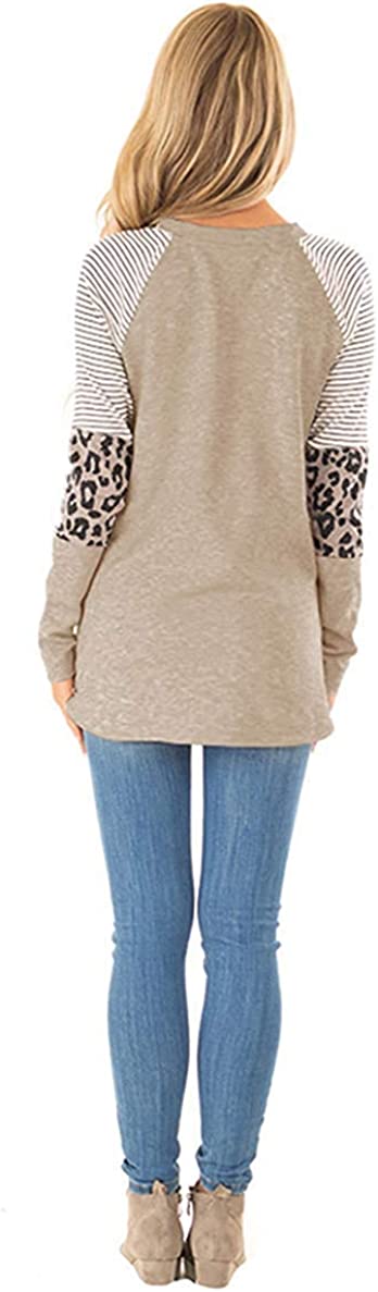 Women's Leopard Print Color Block Tunic Round Neck Long Sleeve Shirts Striped Causal Blouses Tops