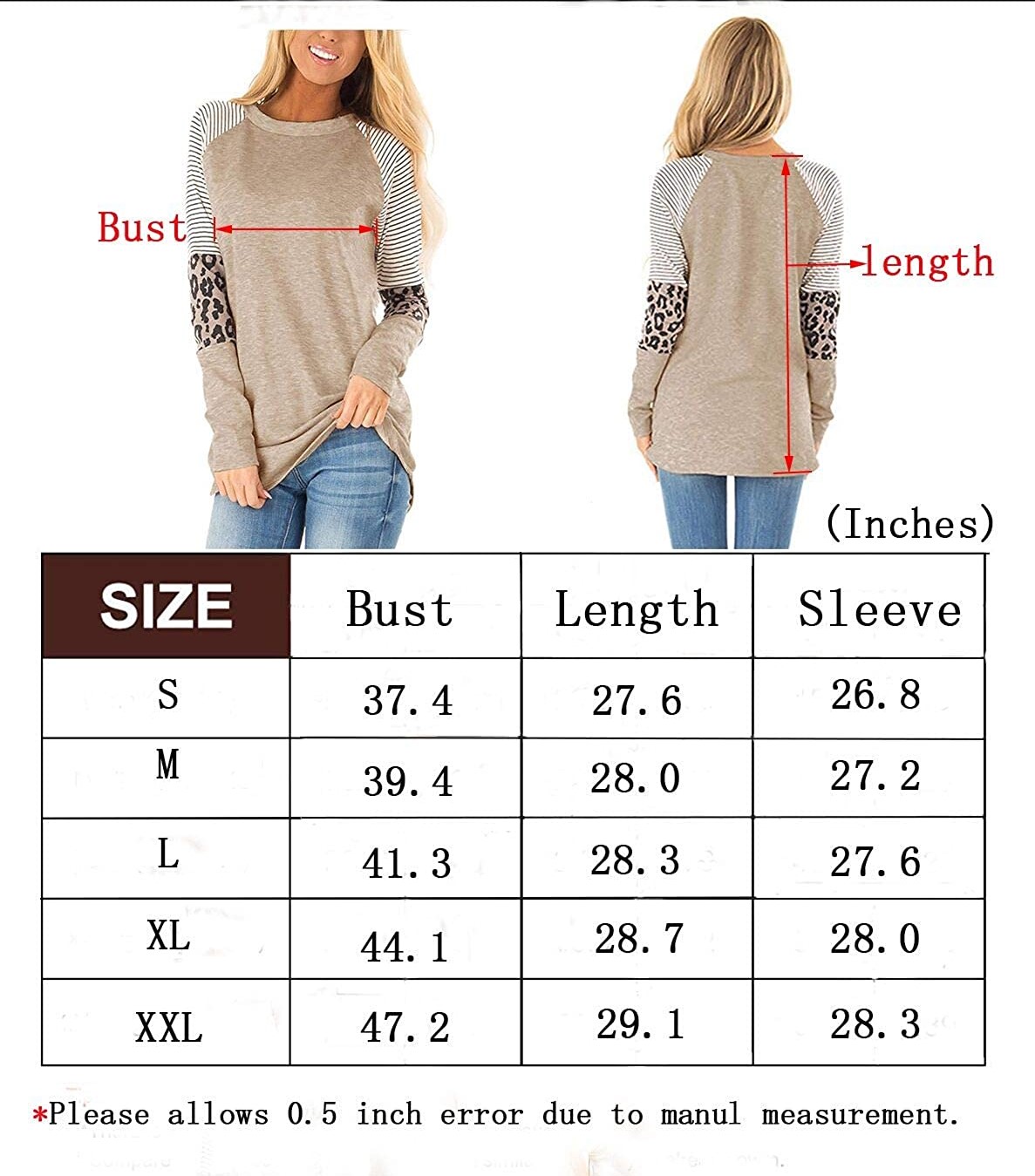 Women's Leopard Print Color Block Tunic Round Neck Long Sleeve Shirts Striped Causal Blouses Tops