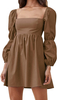 Womens Square Neck Dress Long Puff Sleeve A-Line Casual Short Mini Dress