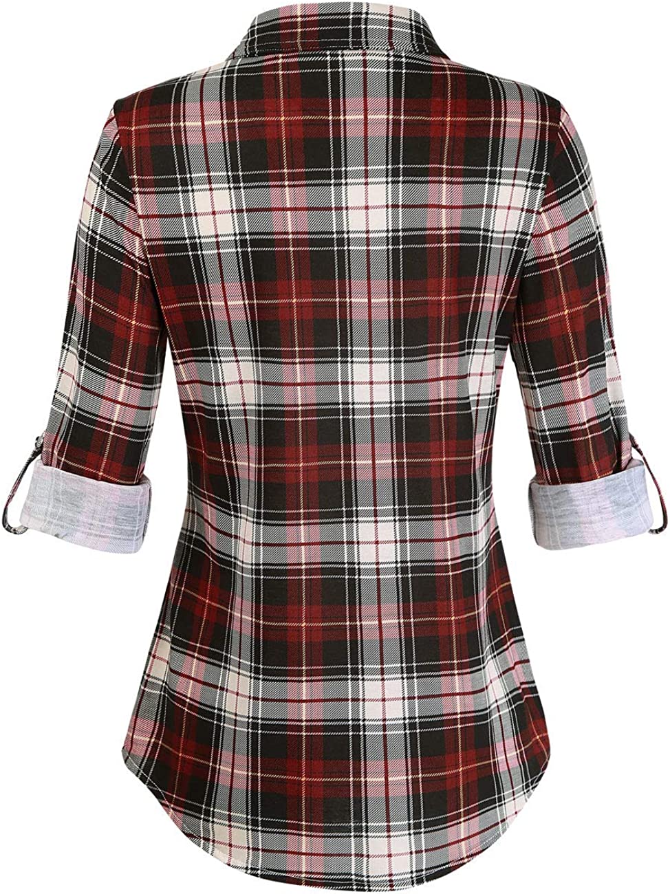 Women\'s Roll Up Long Sleeve Collared Button Down Plaid Shirt