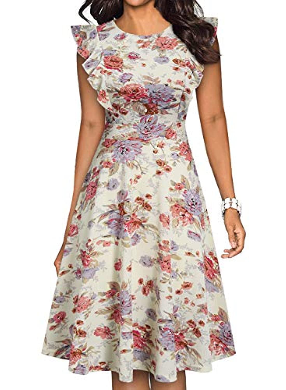 Women's Vintage Ruffle Floral Flared A Line Swing Casual Cocktail Party Dresses