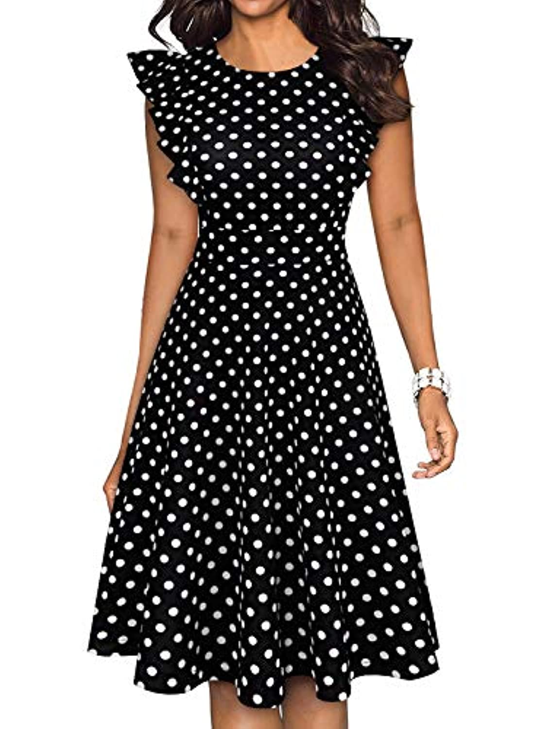 Women's Vintage Ruffle Floral Flared A Line Swing Casual Cocktail Party Dresses