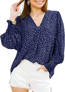 Womens Blouses Long Sleeve V Neck Floral Print Casual Loose Work Tops Shirts