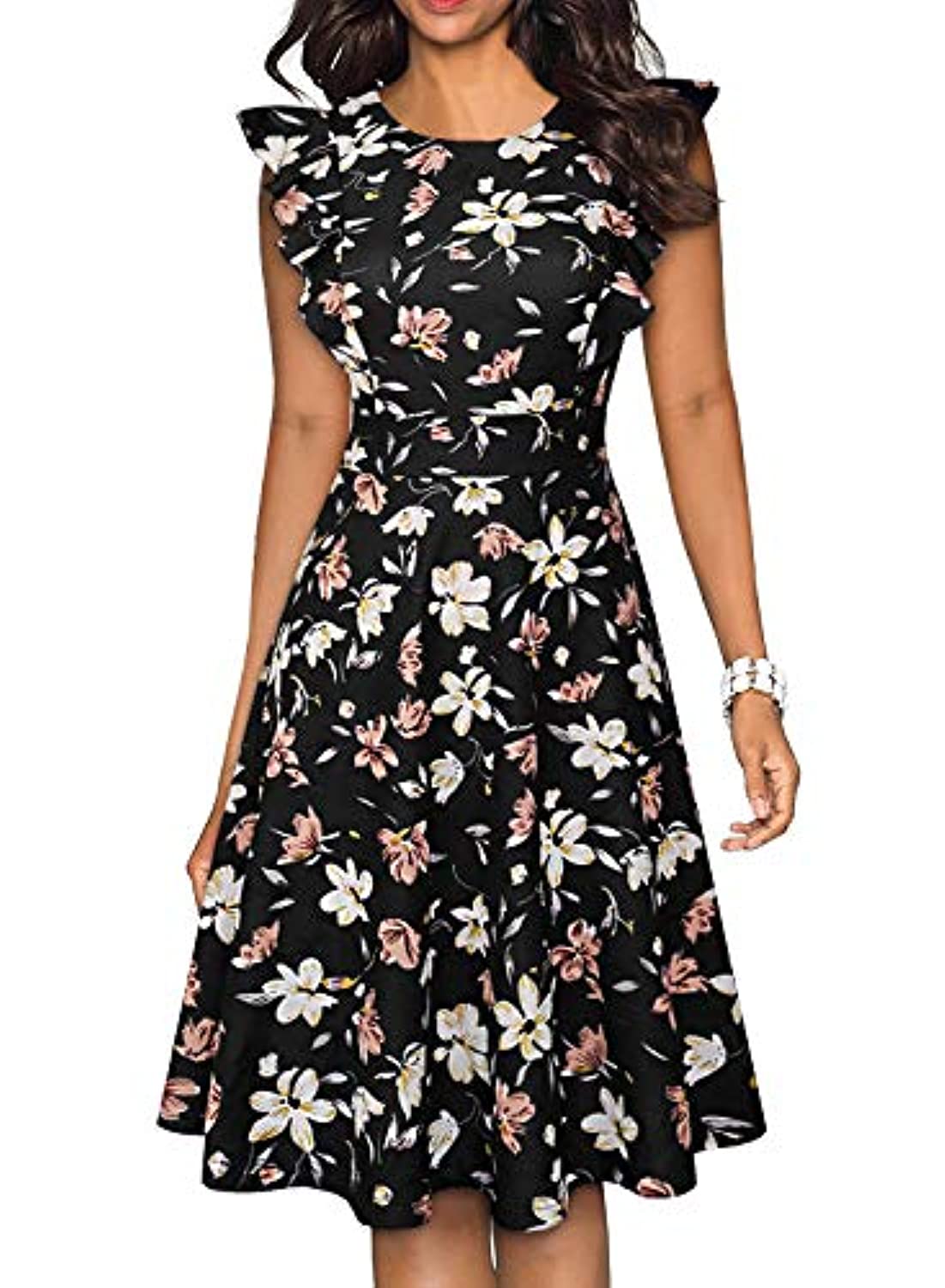 Women's Vintage Ruffle Floral Flared A Line Swing Casual Cocktail Party Dresses