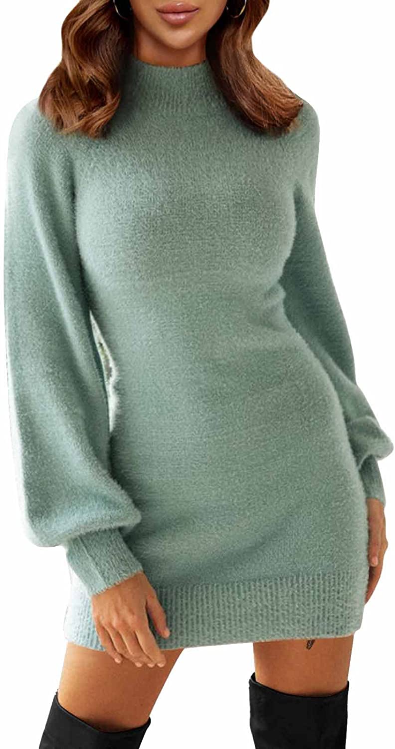 Women's Mock Neck Ribbed Long Sleeve Bodycon Pullover Cute Mini Sweater Dress