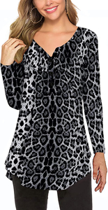 Women's Floral Printed Long Sleeve V Neck Pleated Casual Flare Tunic Blouse Shirt