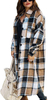 Women\'s Lapel Button Up Long Sleeve Plaid Long Shirt Shacket Jacket 