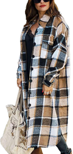 Women's Lapel Button Up Long Sleeve Plaid Long Shirt Shacket Jacket 