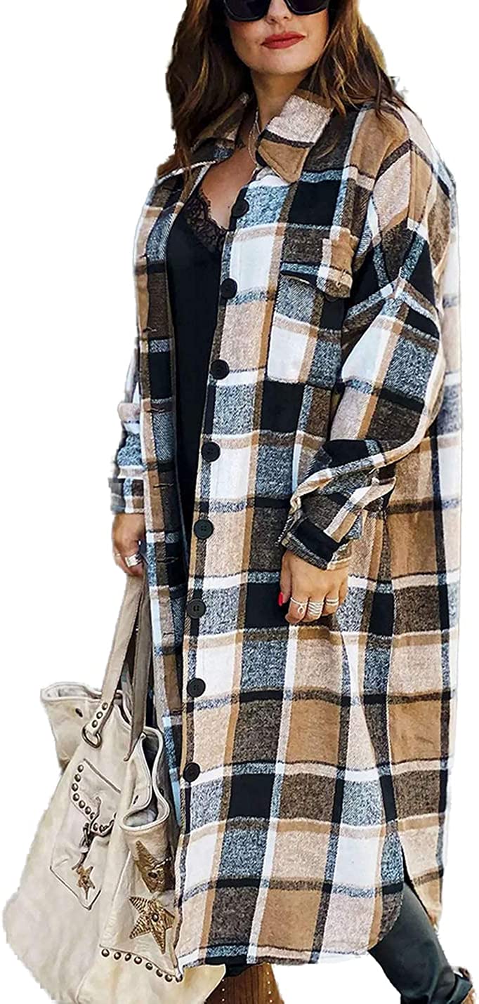 Women\'s Lapel Button Up Long Sleeve Plaid Long Shirt Shacket Jacket 